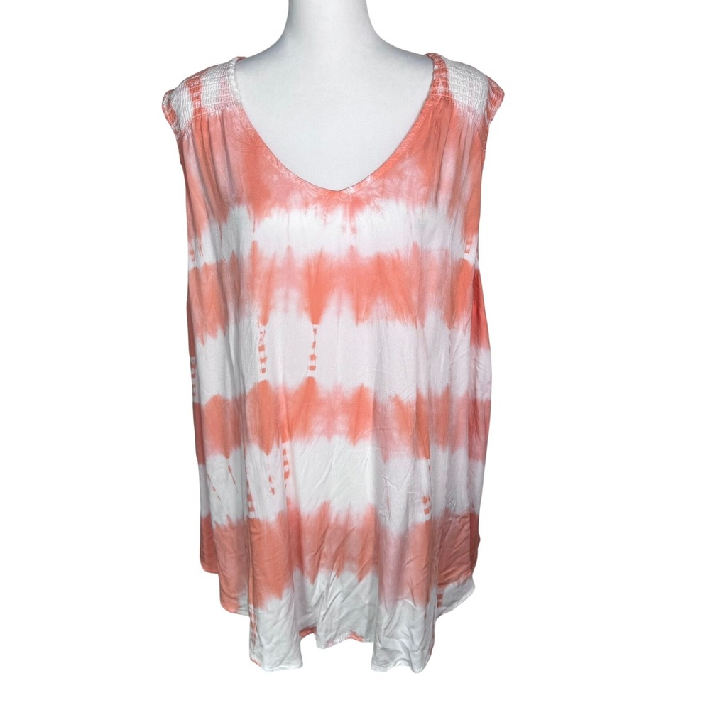 TORRID Women's 3X Peach Orange White Tie Dye Smocked V-Neck Tunic Tank Top